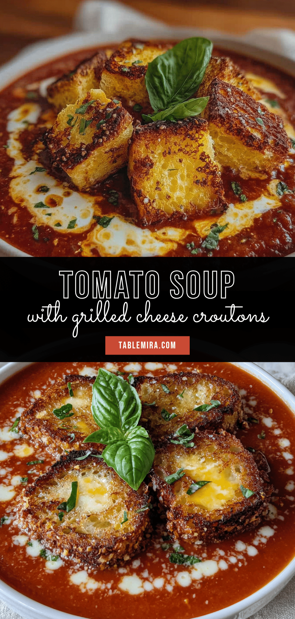 tomato basil soup with grilled cheese croutons recipe