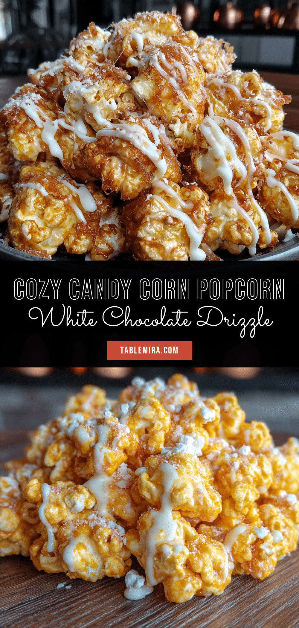 cozy candy corn popcorn with white chocolate drizzle recipe
