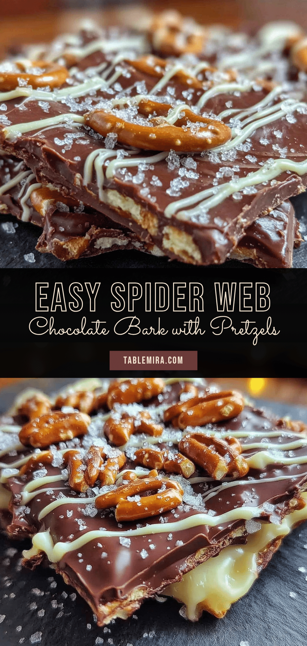 spider web chocolate bark with pretzels recipe